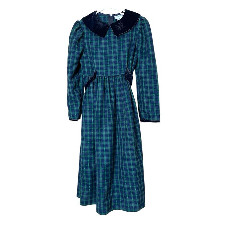 Vintage Chantilly Place Blue Green Christmas Plaid Maxi‎ Dress Size 7